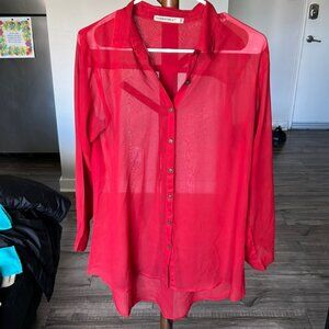 Red, button down shirt